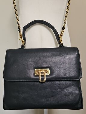 Vintage Giani Bernini Black Leather Top Handle Shoulder Bag Gold Chain Flap